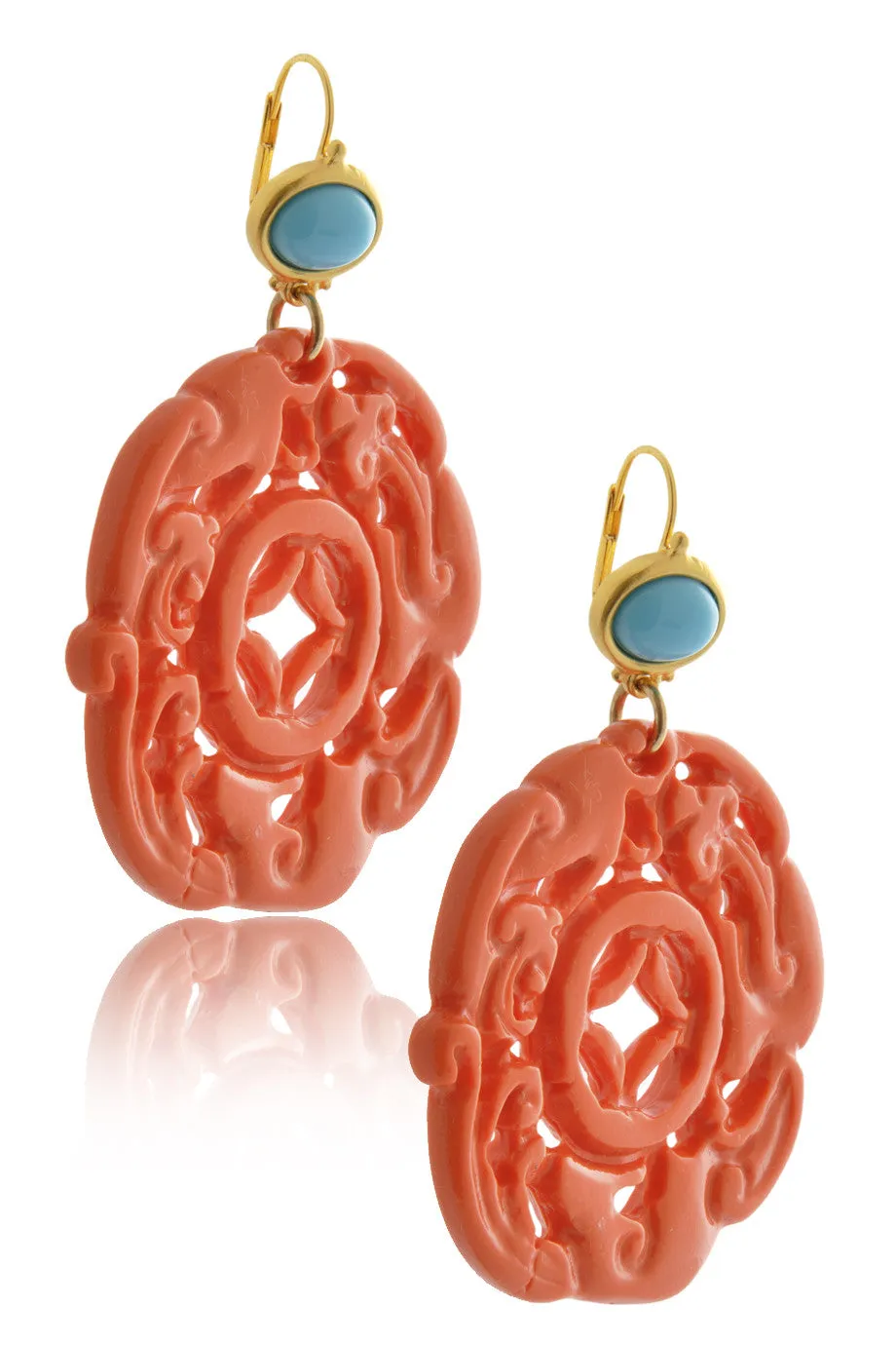 KENNETH JAY LANE ROUND BALI Coral Carved Pierced Earrings