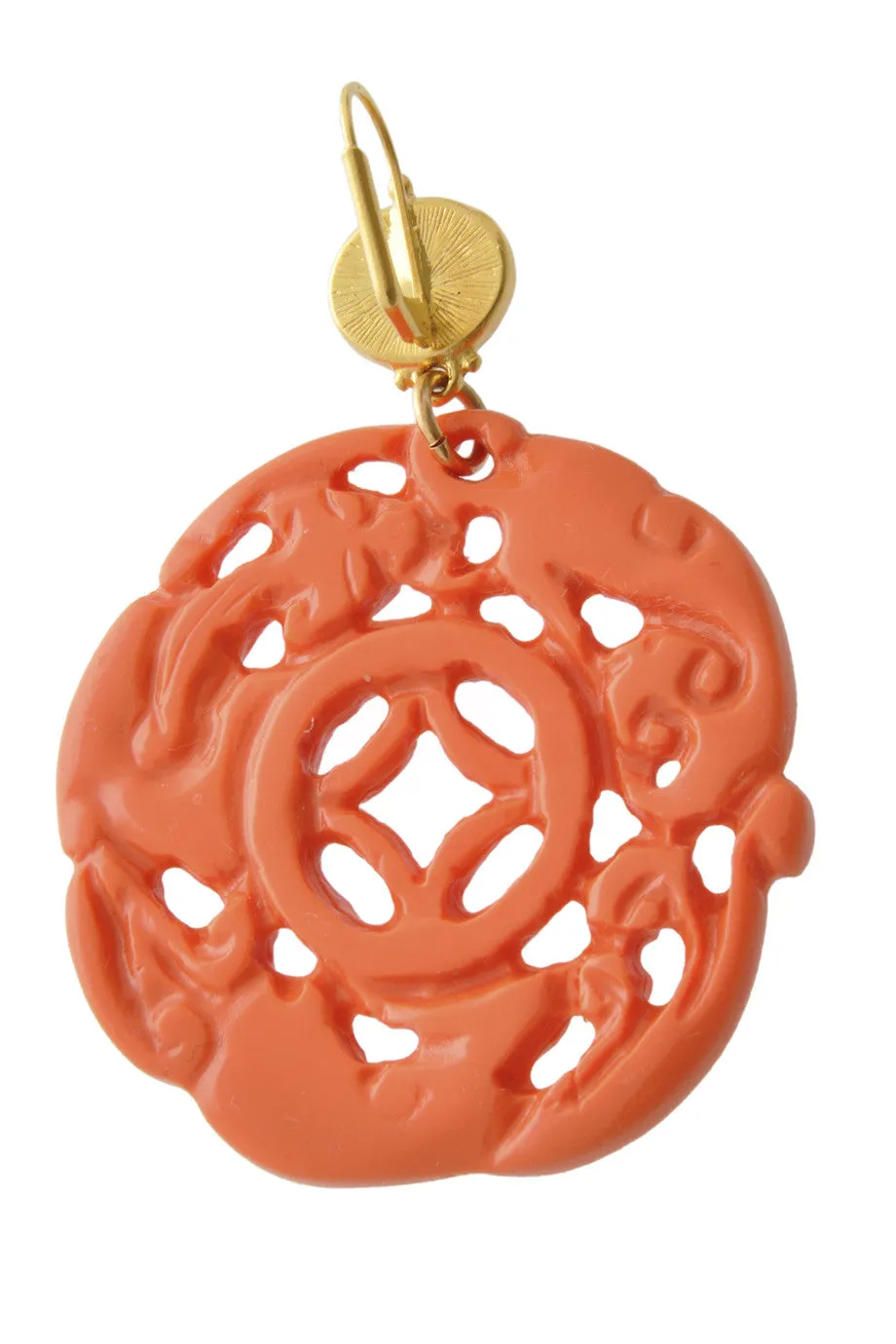 KENNETH JAY LANE ROUND BALI Coral Carved Pierced Earrings