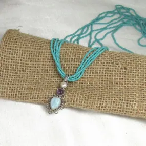 Lapis, Amethyst & Pearl Pendant On Aqua Seed bead Necklace