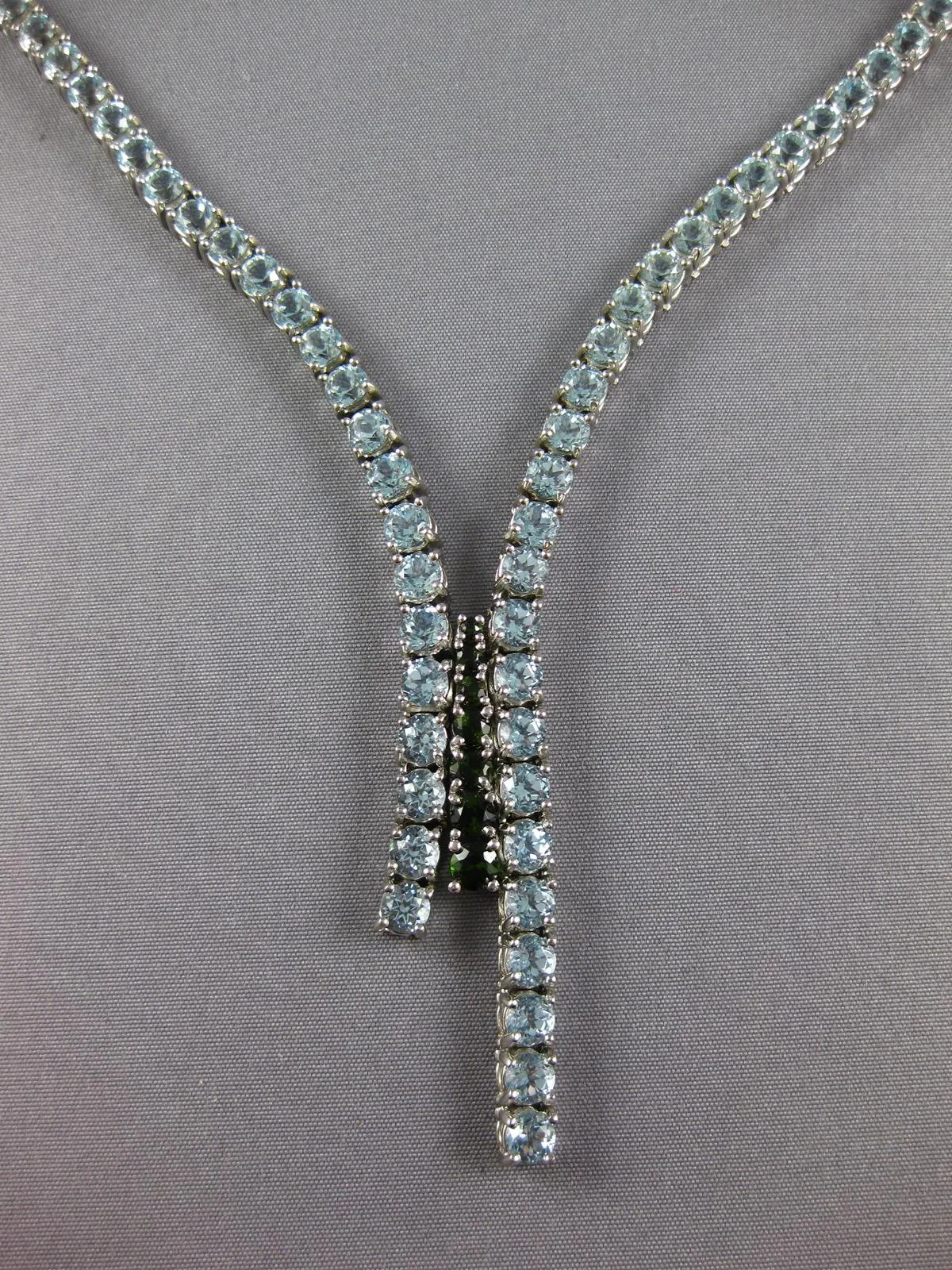 LARGE 53.52CT AAA AQUAMARINE & TOURMALINE 18KT WHITE GOLD LARIAT TENNIS NECKLACE