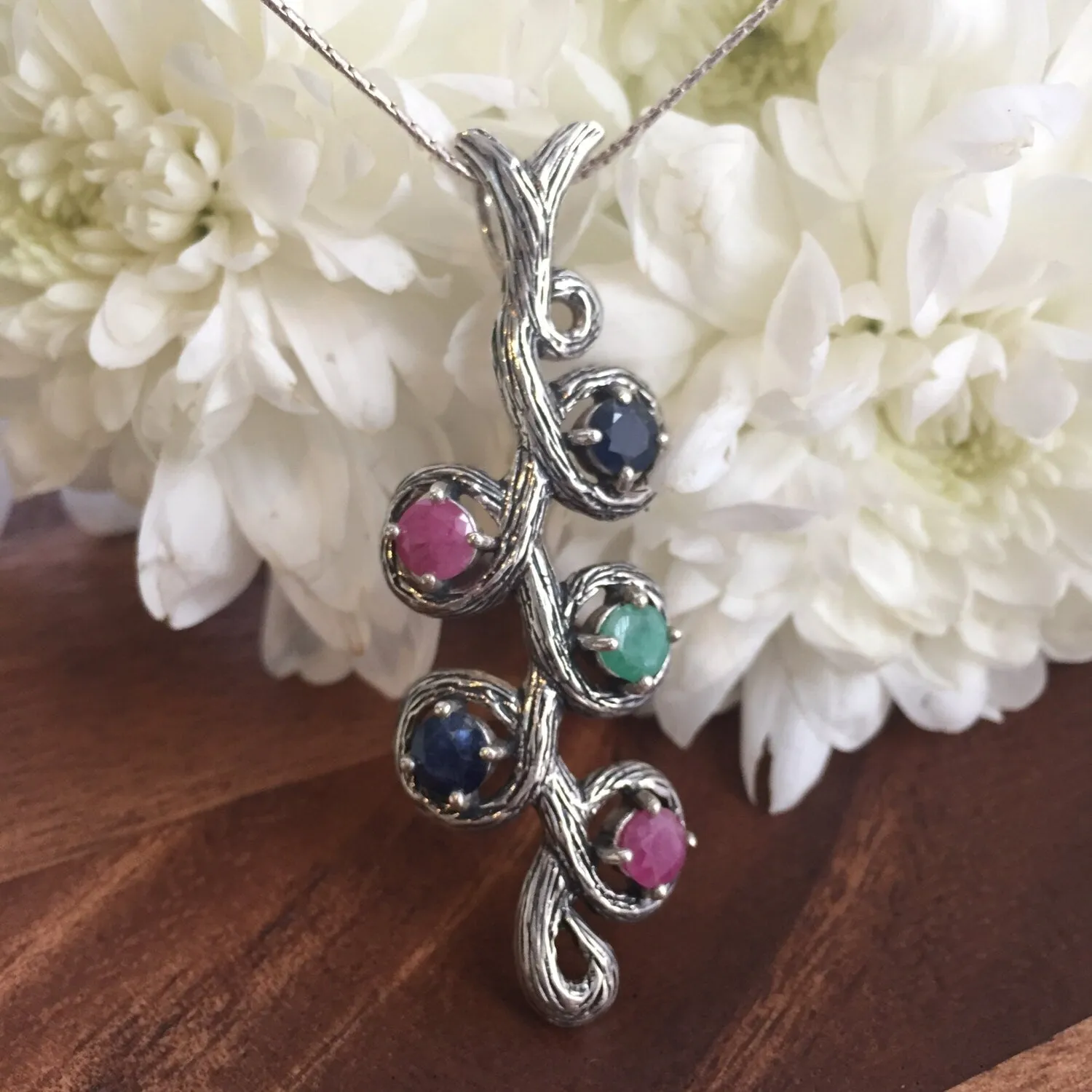 Large Branch Necklace - Real Ruby and Emerald Pendant - Blue Sapphire Leaf Pendant