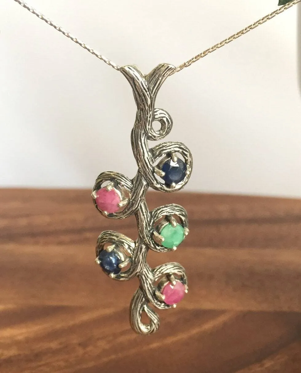 Large Branch Necklace - Real Ruby and Emerald Pendant - Blue Sapphire Leaf Pendant