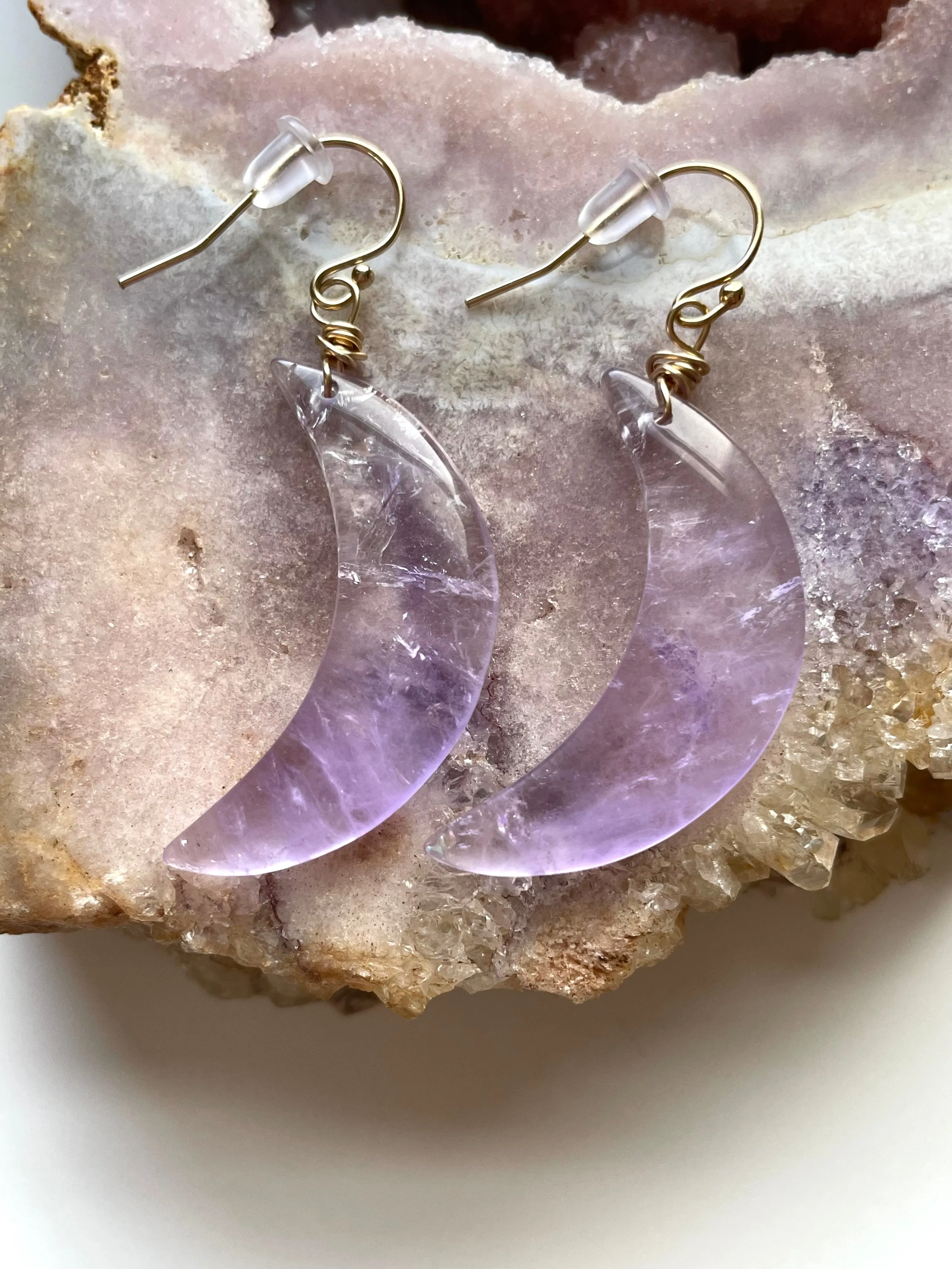 Large Purple Amethyst Crescent Moon Earrings Gold or Silver