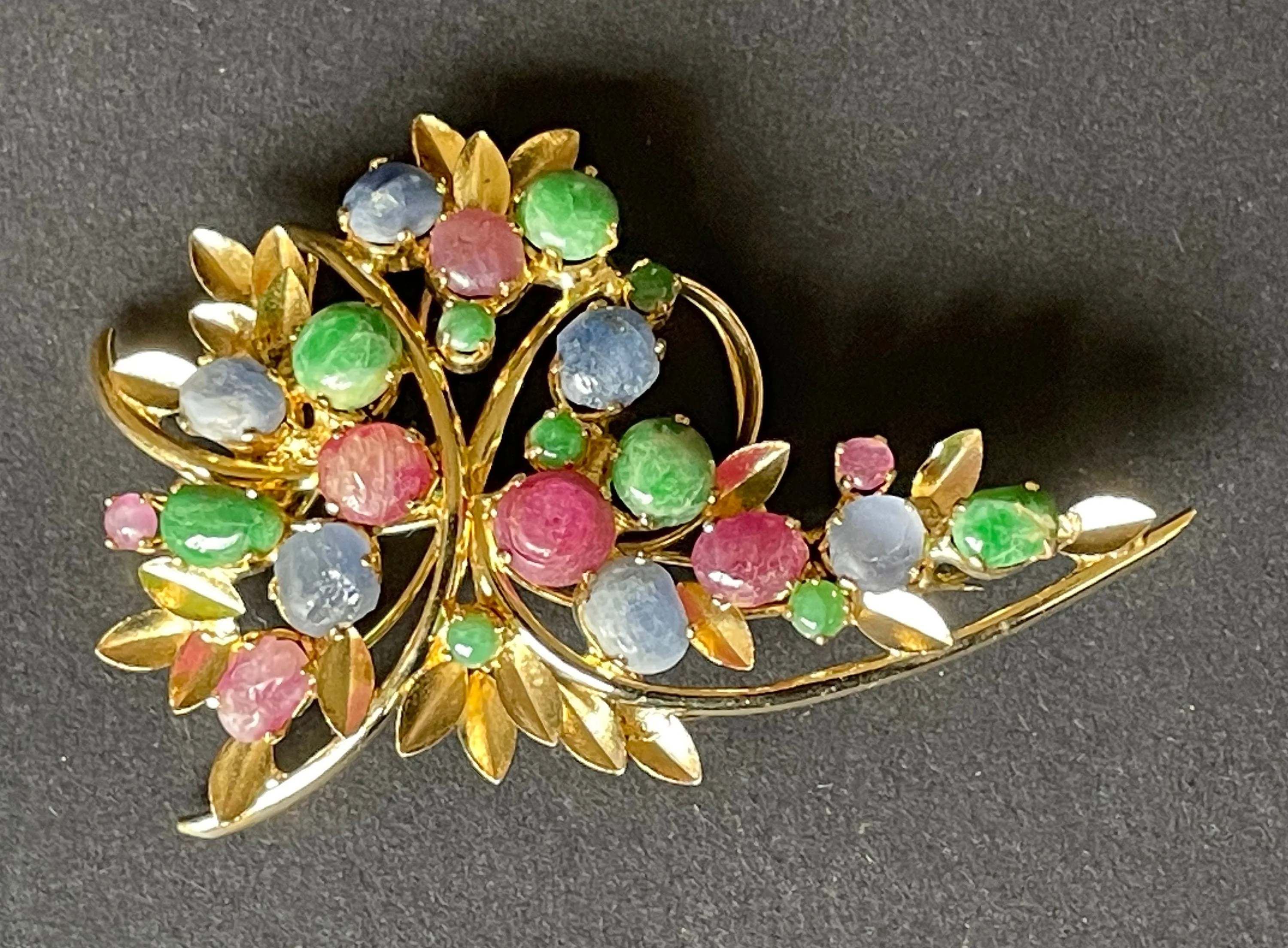 Large vintage pastel colour gemstone cabochon floral spray bouquet brooch, delicate gold tone settings, raw ruby, emerald, sapphire