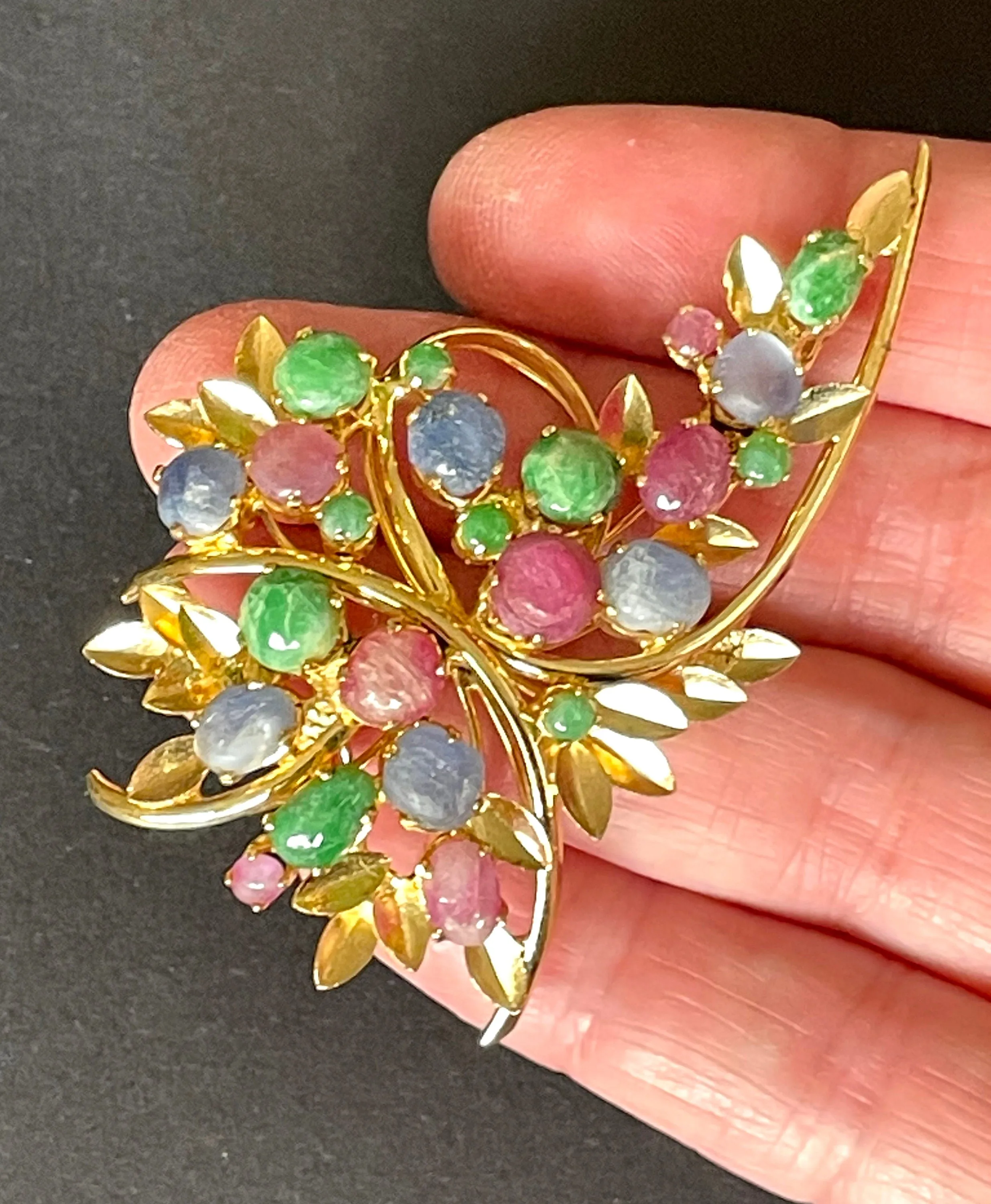 Large vintage pastel colour gemstone cabochon floral spray bouquet brooch, delicate gold tone settings, raw ruby, emerald, sapphire