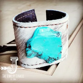 **Leather Cuff w/ Tie-Spotted Hair-on-Hide w/ Turquoise Slab (001p)