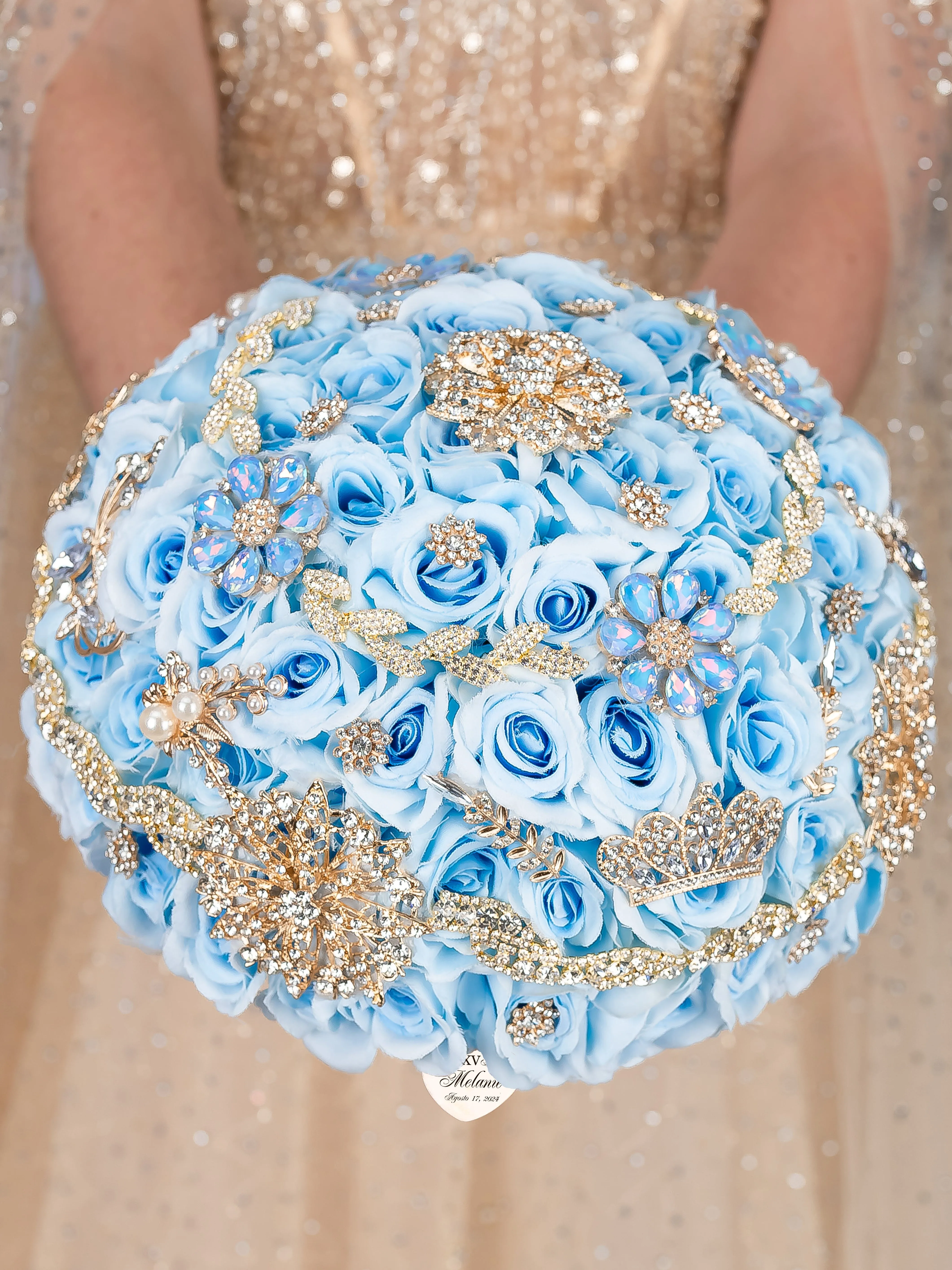 Light Blue Gold  quinceanera bouquet 13 inches