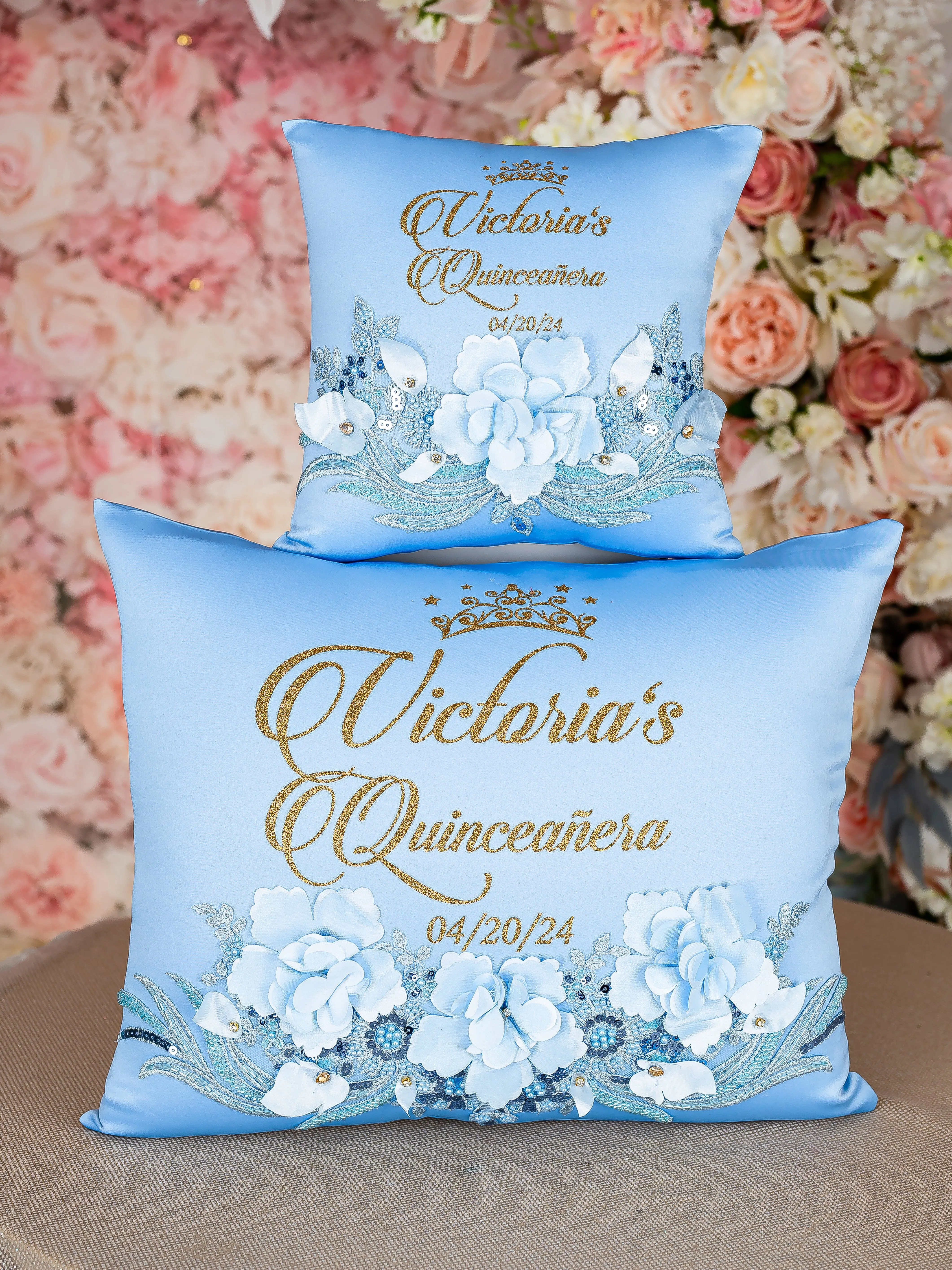 Light Blue Gold  quinceanera bouquet 13 inches