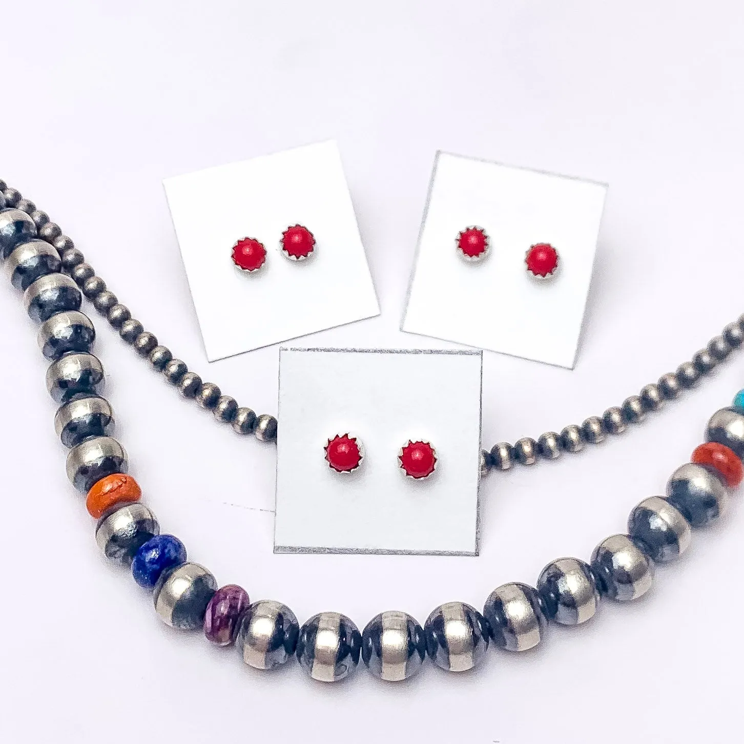 Linda Yazzie | Navajo Handmade Tiny Sterling Silver and Red Coral Stud Earrings