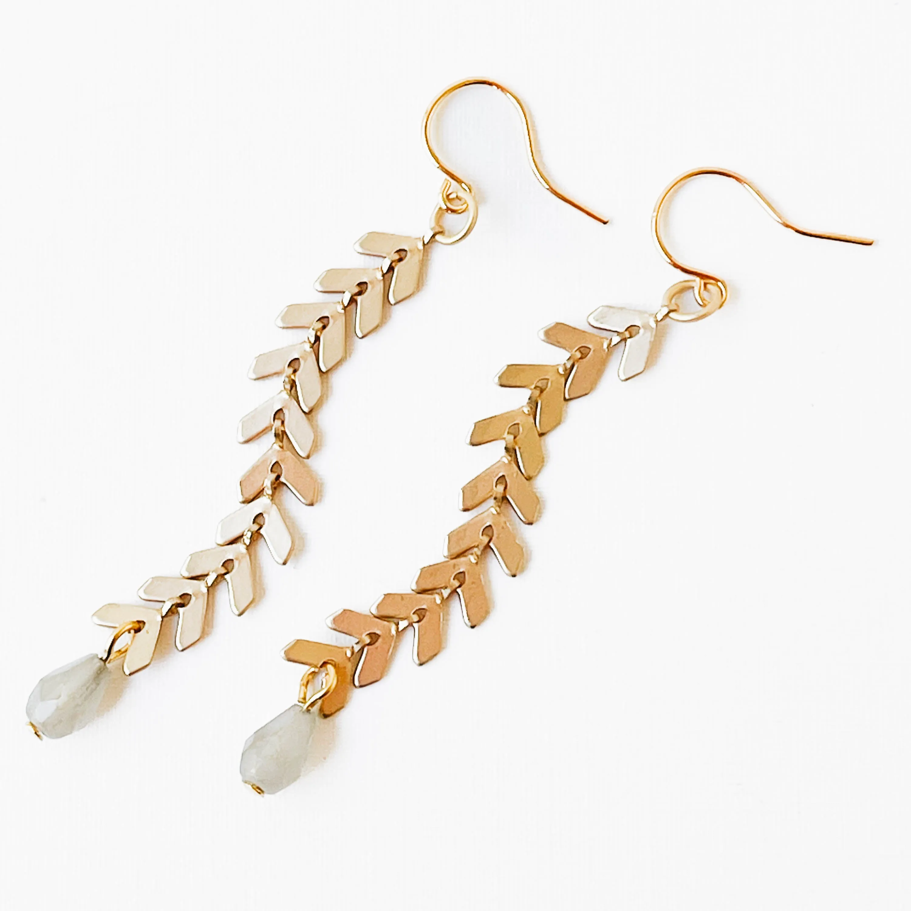 Long Gold Chevron and Pale Grey Bead Earrings - WS