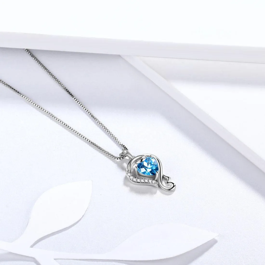 Love Heart Birthstone March Aquamarine Necklace Pendant Women Girls Jewelry Birthday Gift