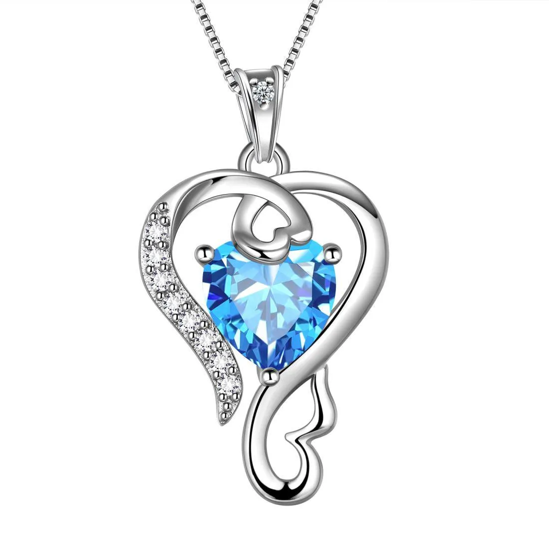 Love Heart Birthstone March Aquamarine Necklace Pendant Women Girls Jewelry Birthday Gift