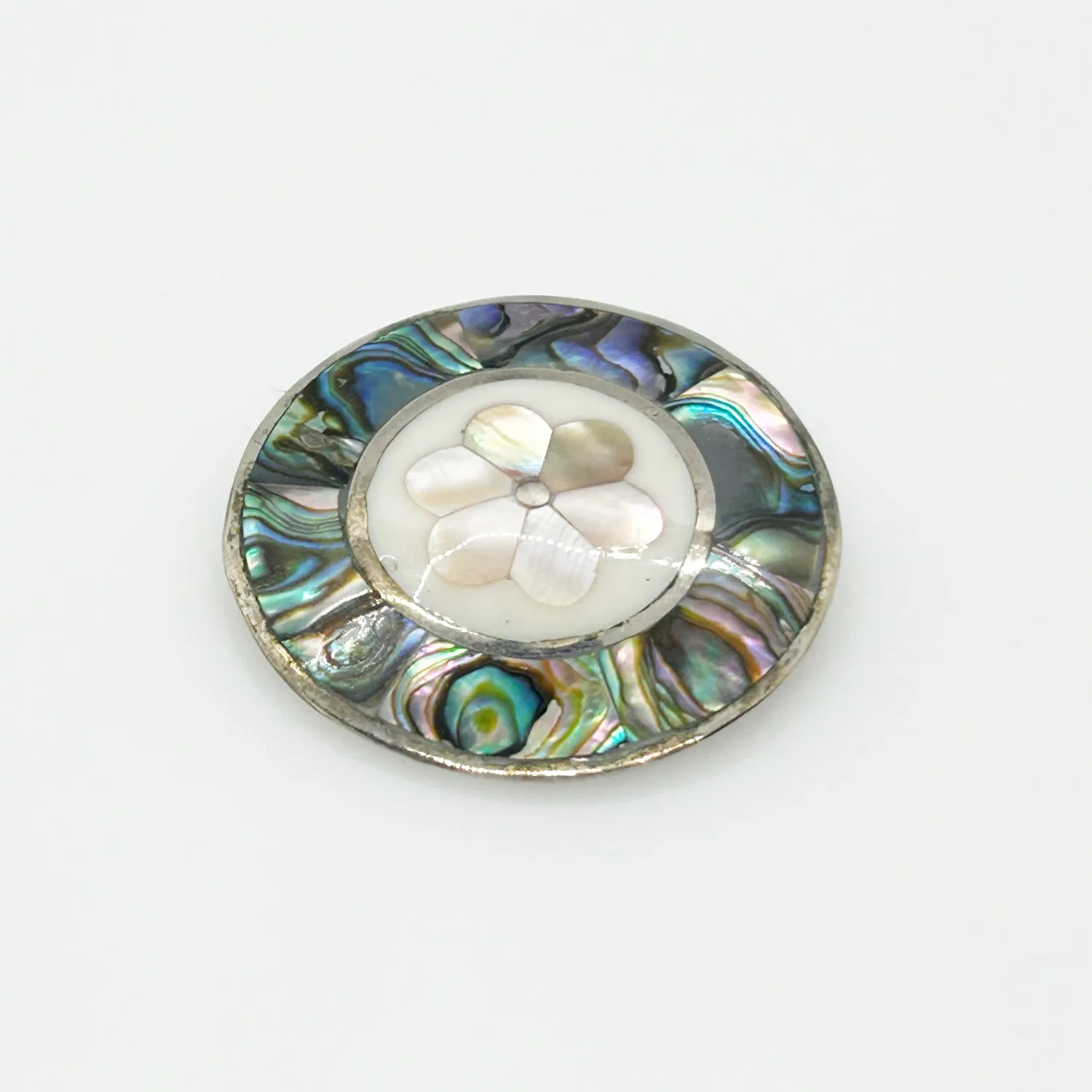 Lovely Mother of Pearl and Abalone Shell Round Brooch