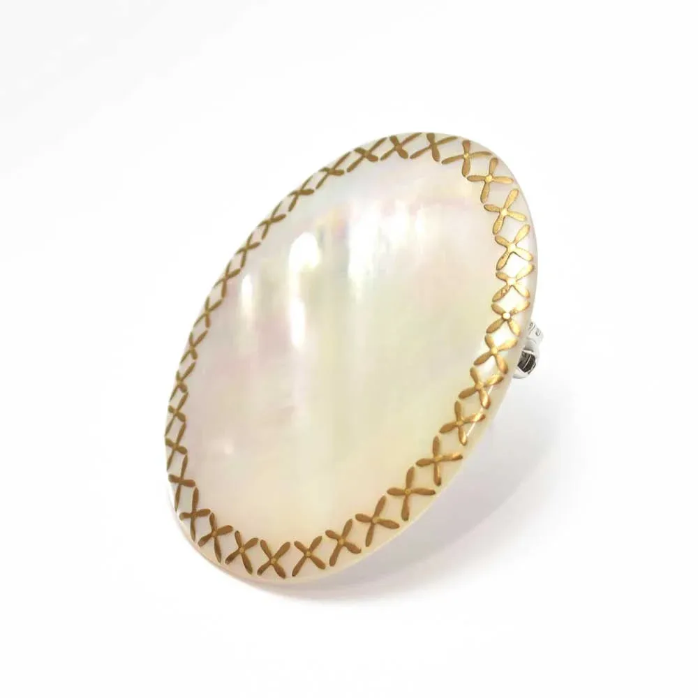 Maki-e Urushi Lacquer Brooch - White South Sea Pearl Shell / Frame Design  -, Traditional Japanese Urushi Lacquer Jewelry