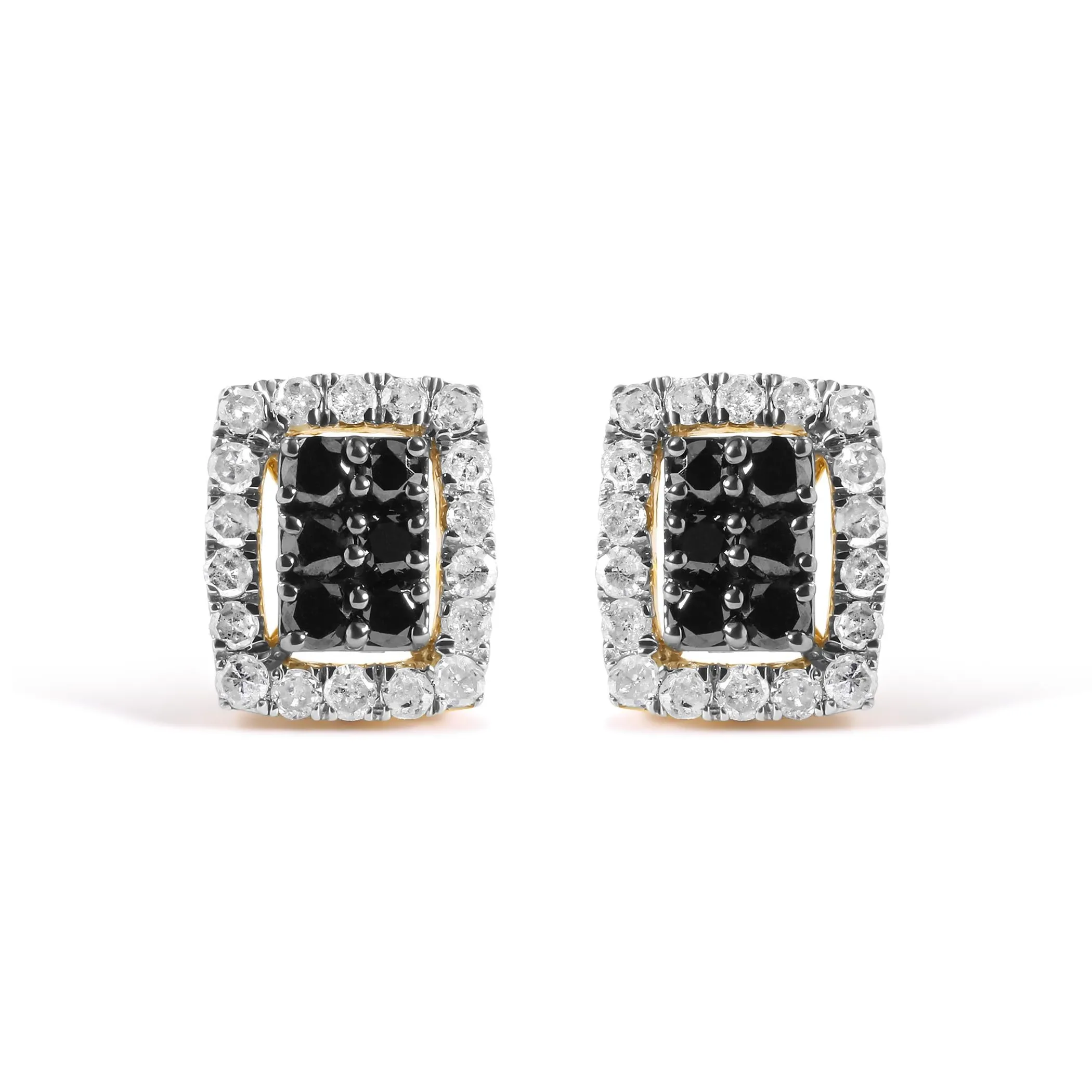 Men's 10K Yellow Gold 1.00 Cttw White and Black Diamond Emerald Shape Halo Stud Earring (Black / I-J Color, I2-I3 Clarity)