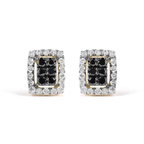 Men's 10K Yellow Gold 1.00 Cttw White and Black Diamond Emerald Shape Halo Stud Earring (Black / I-J Color, I2-I3 Clarity)