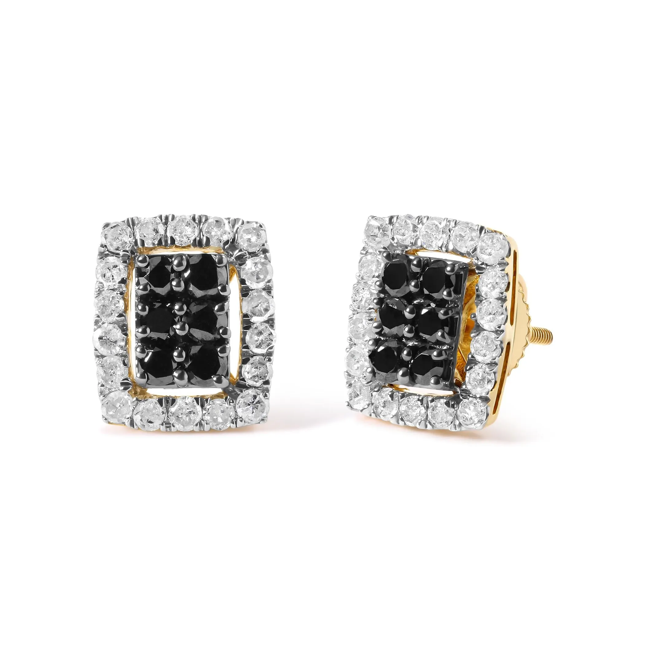 Men's 10K Yellow Gold 1.00 Cttw White and Black Diamond Emerald Shape Halo Stud Earring (Black / I-J Color, I2-I3 Clarity)