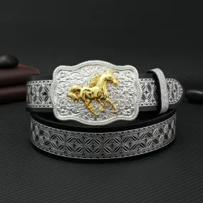 Men's Running Horse Silver Weave Embossed Leather Belt