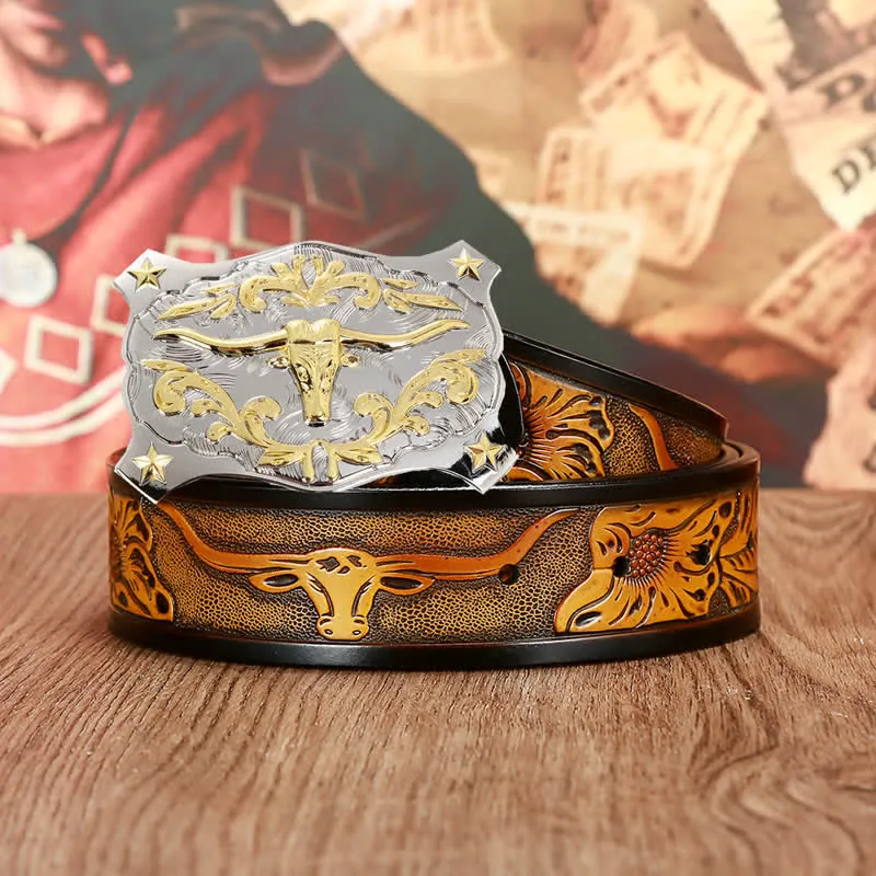 Men's Silver & Gold 3D Bull Head Animal Leather Belt