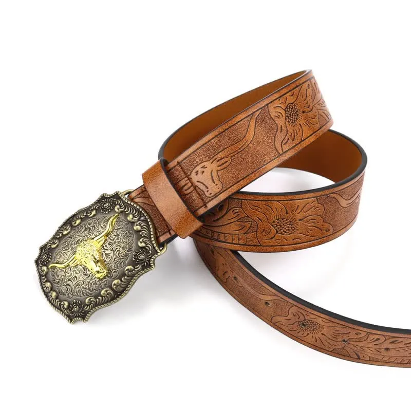 Men's Square Engraved Bull Flower Leather Belt