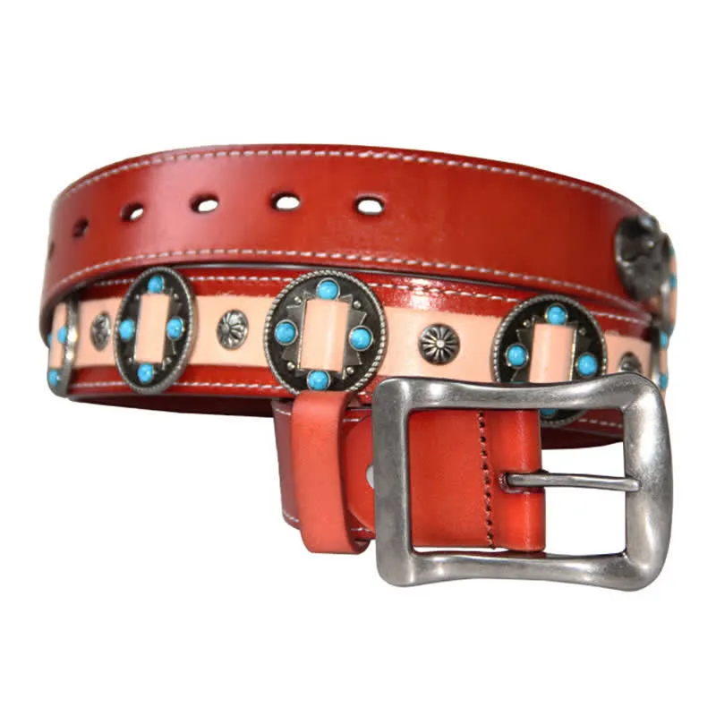 Men's Turquoise Inlay Floral Studded Leather Belt