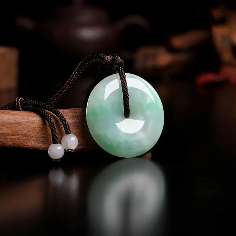 Moss in Snow Natural Ice Jadeite Jade Chinese「Ping An Kou」Pendant Necklace for Women and Men