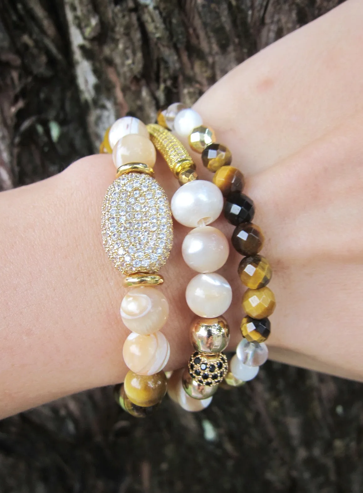 Mother of Pearl, Cat's Eye, Tiger Eye Energy Mala Bracelet