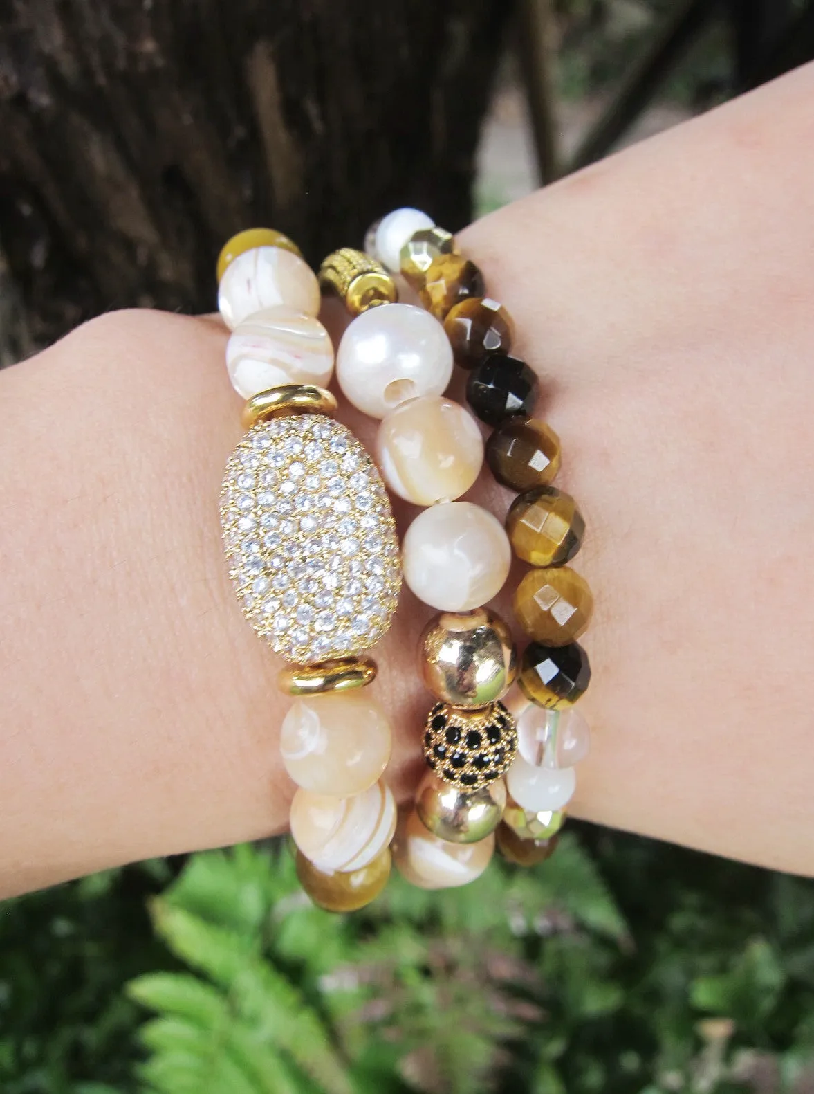 Mother of Pearl, Cat's Eye, Tiger Eye Energy Mala Bracelet