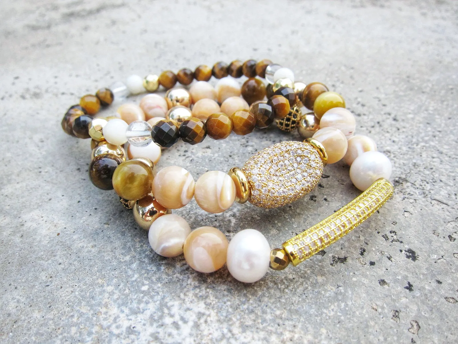 Mother of Pearl, Cat's Eye, Tiger Eye Energy Mala Bracelet