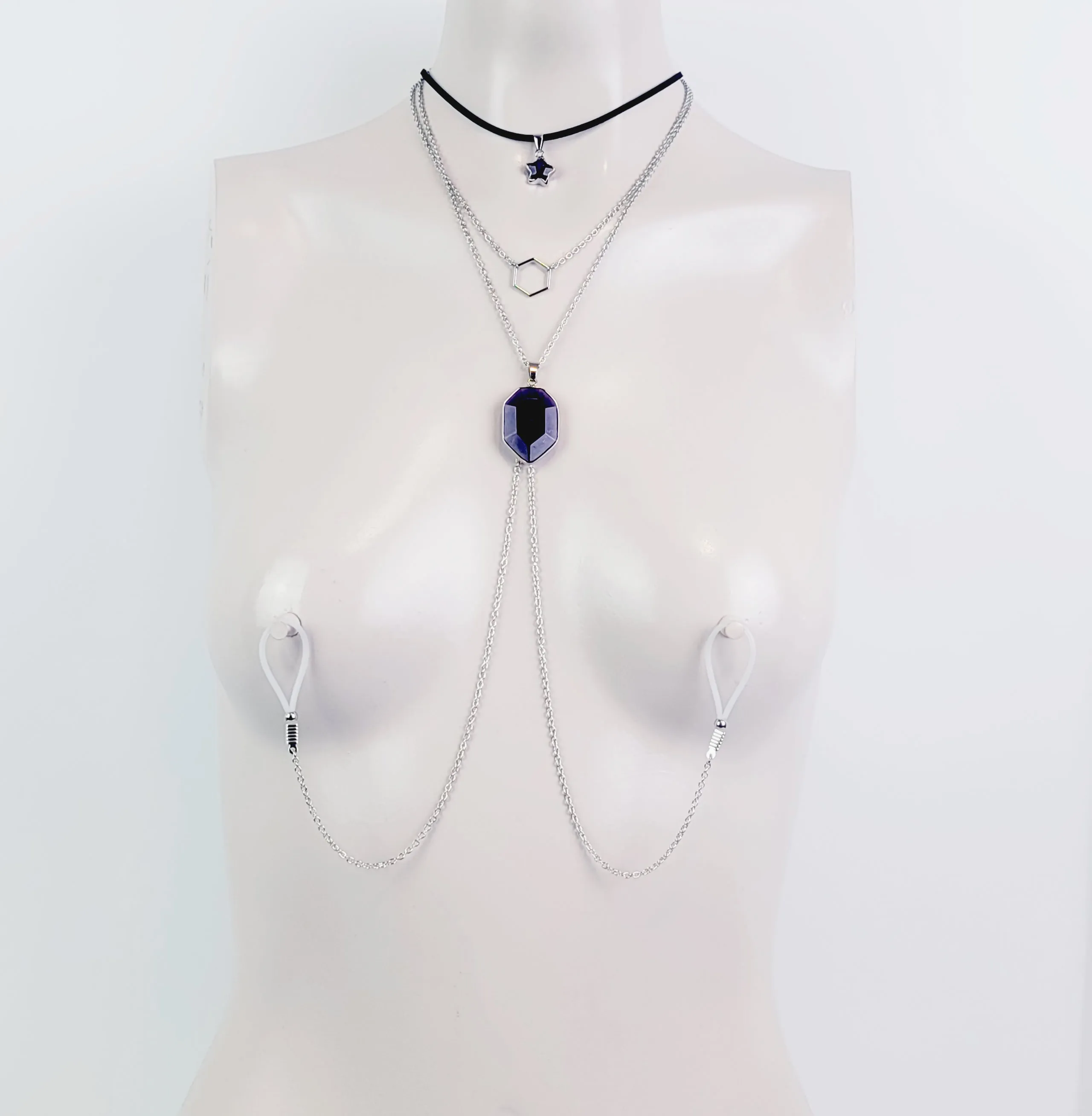 Multi Necklace Set with Amethyst- Necklace to Nipple, Non Piercing and Nipple Clamp Options.