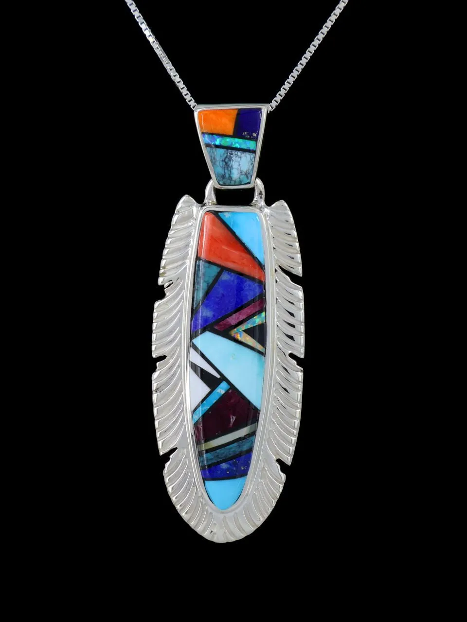 Native American Multi Stone Inlay Feather Pendant