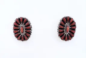 Native American Zuni Needlepoint Coral and Sterling Silver Earrings