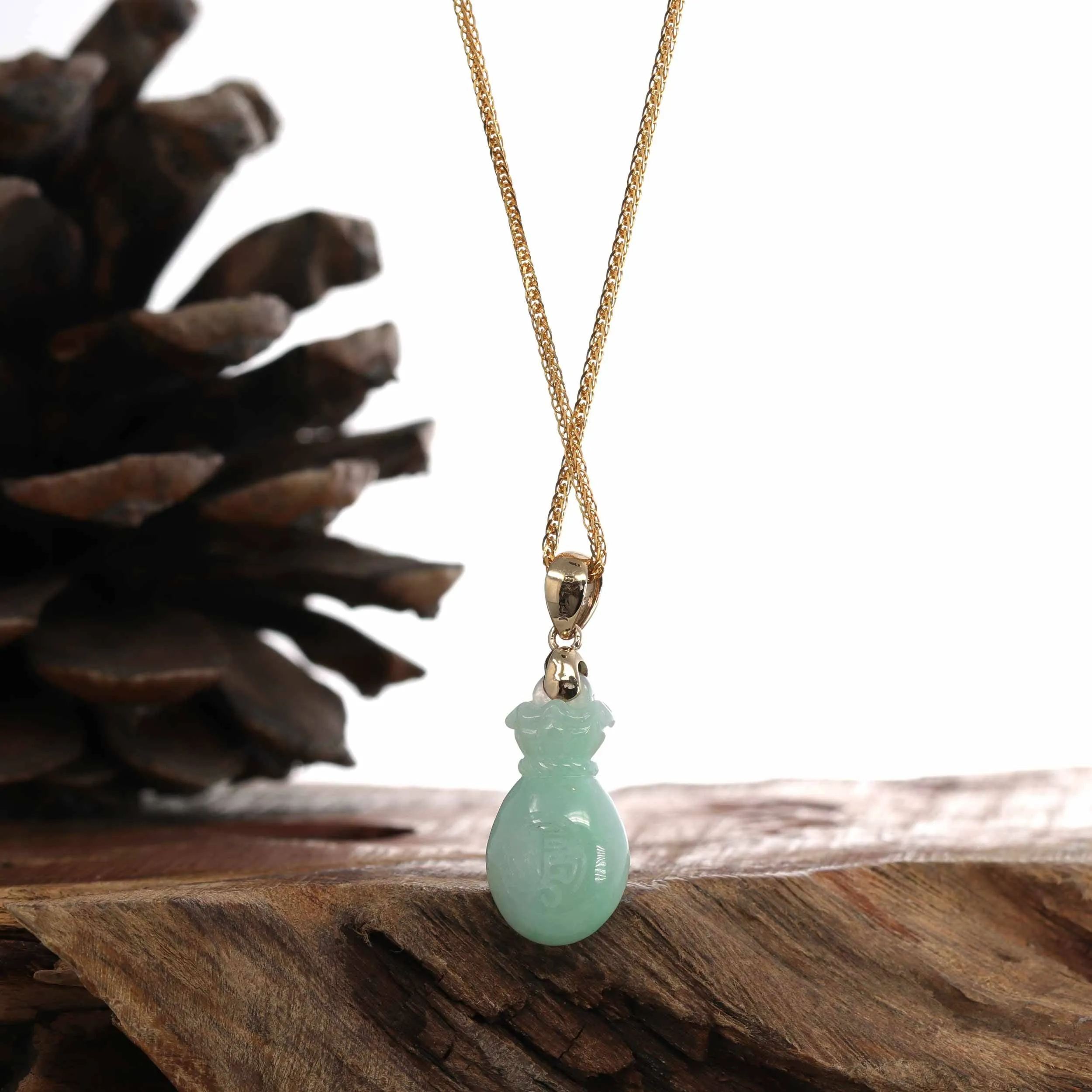 Natural Green Jadeite Jade "Magic Bottle Gourd" Hulu Necklace With 14k Yellow Gold Bail