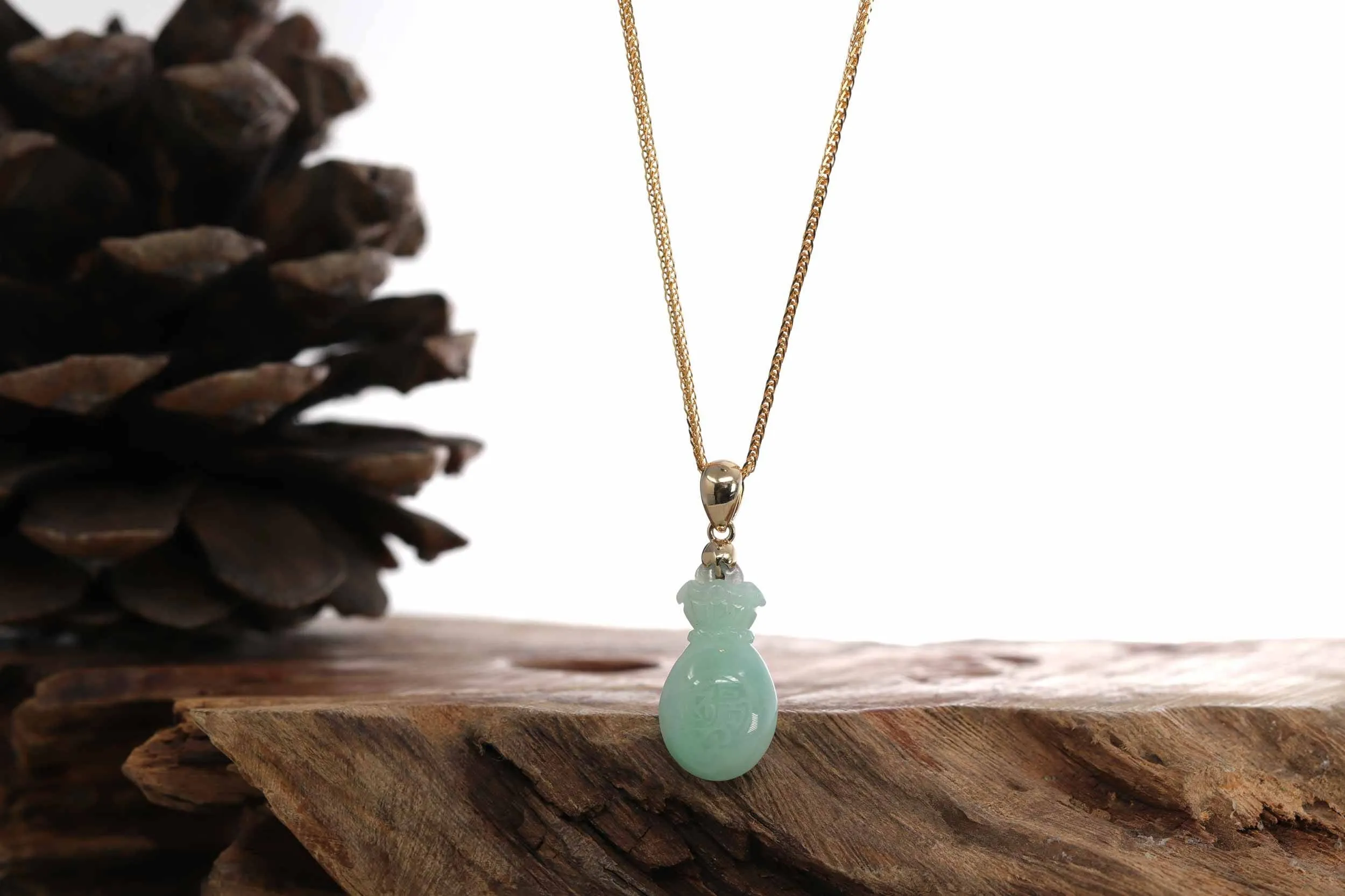 Natural Green Jadeite Jade "Magic Bottle Gourd" Hulu Necklace With 14k Yellow Gold Bail