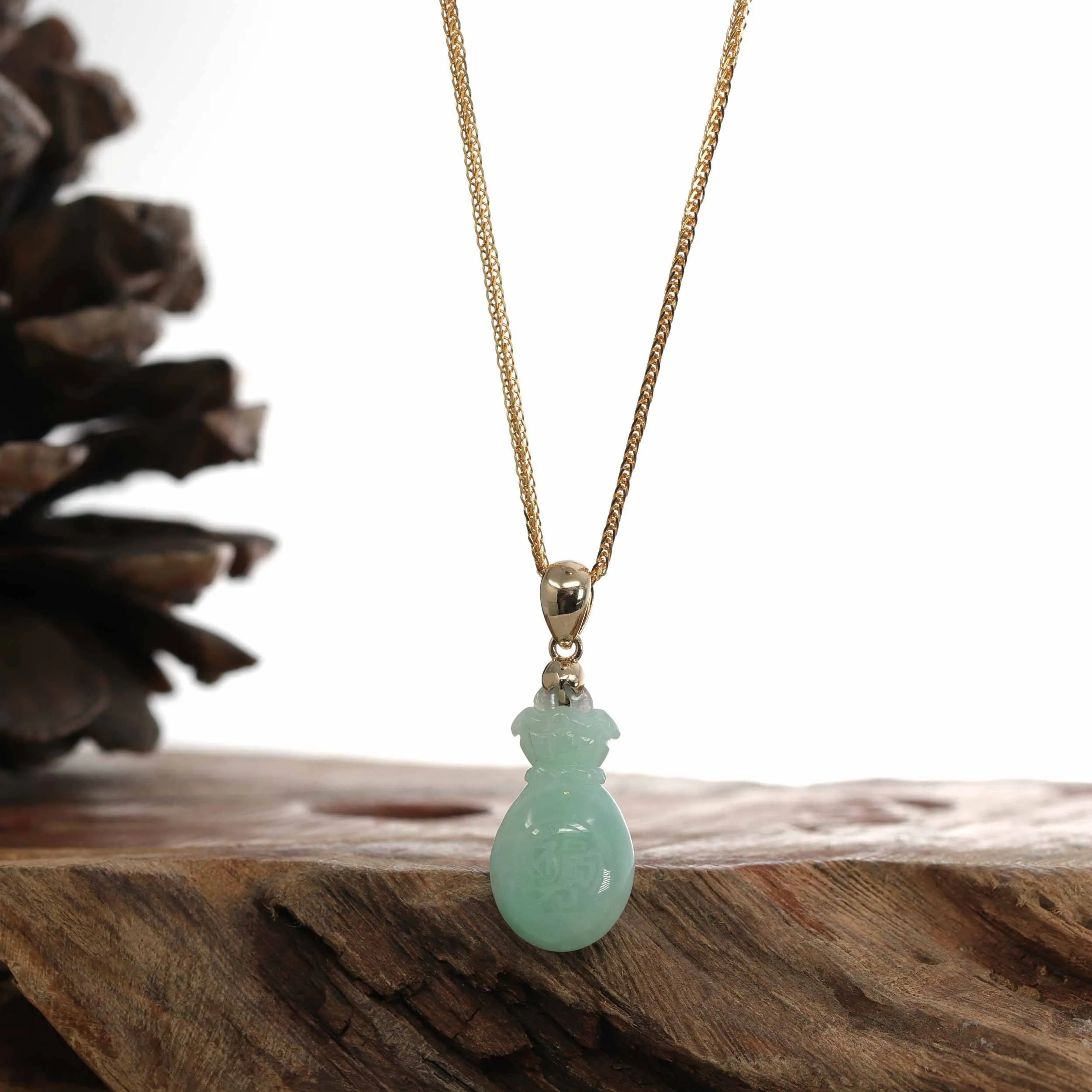 Natural Green Jadeite Jade "Magic Bottle Gourd" Hulu Necklace With 14k Yellow Gold Bail