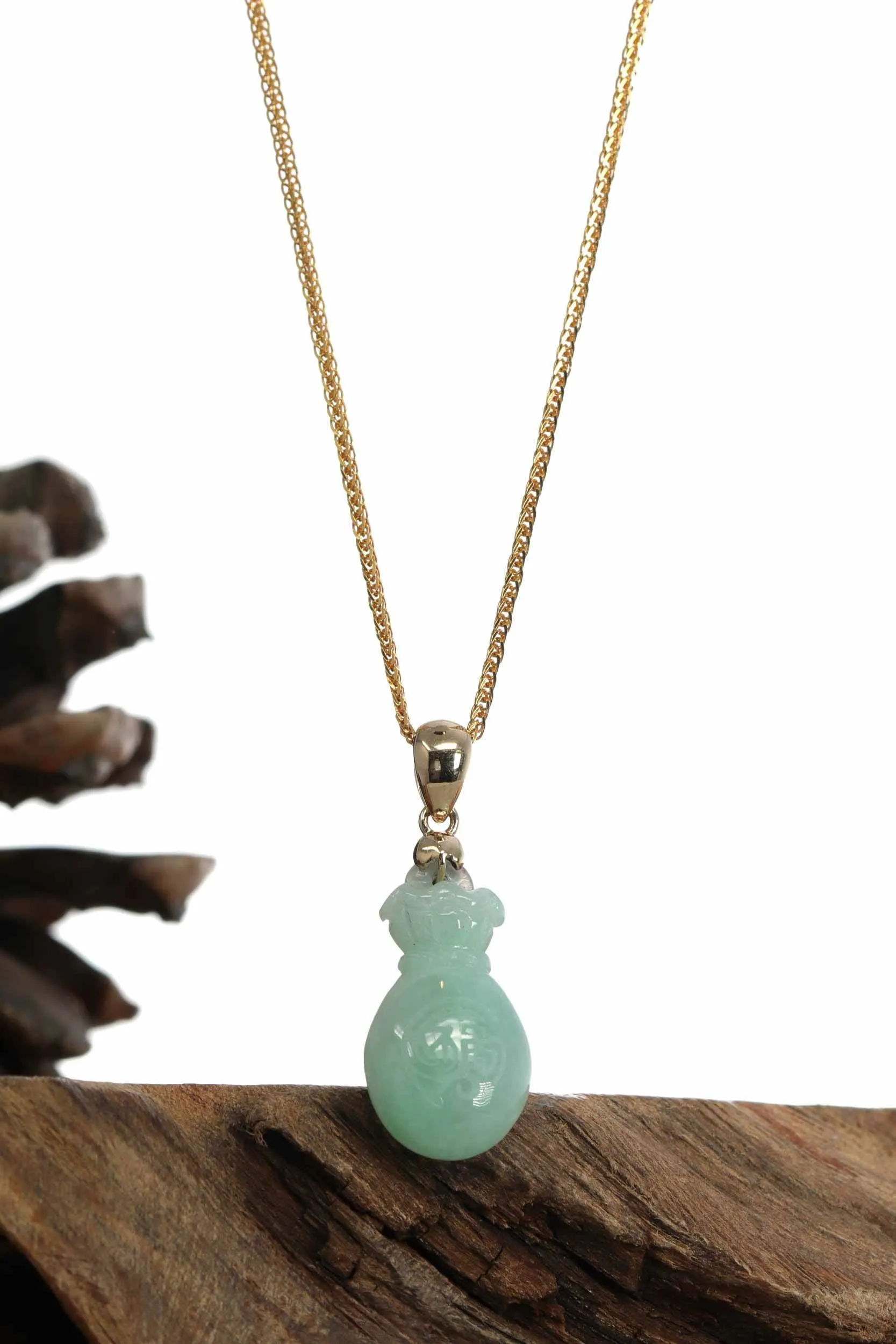 Natural Green Jadeite Jade "Magic Bottle Gourd" Hulu Necklace With 14k Yellow Gold Bail