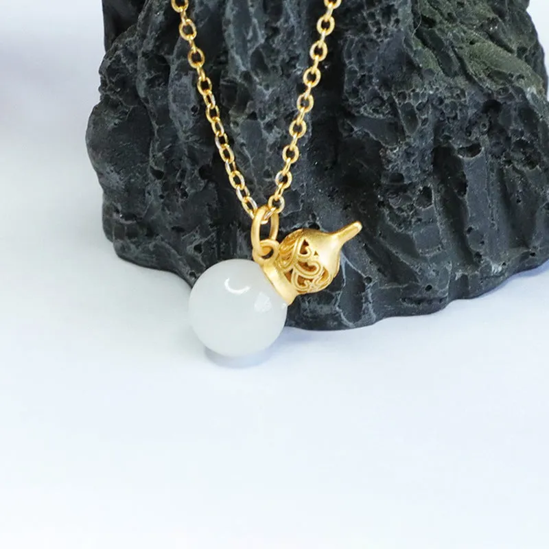 Natural Hetian Jade Pendant White Jade Gourd Necklace