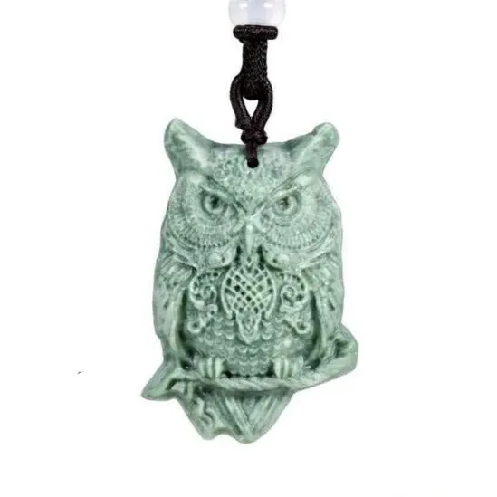 Natural Real Jade Owl Pendant Necklace Amulet