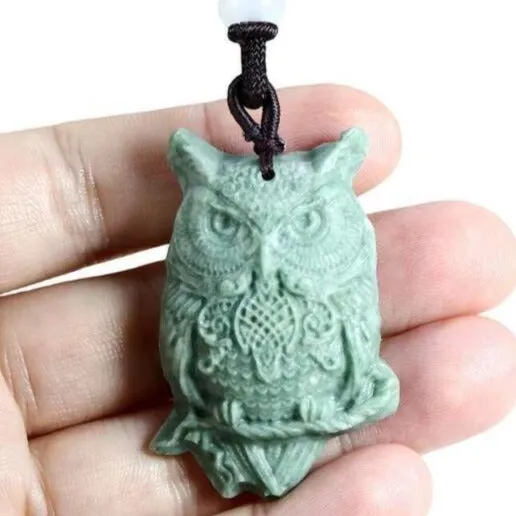 Natural Real Jade Owl Pendant Necklace Amulet