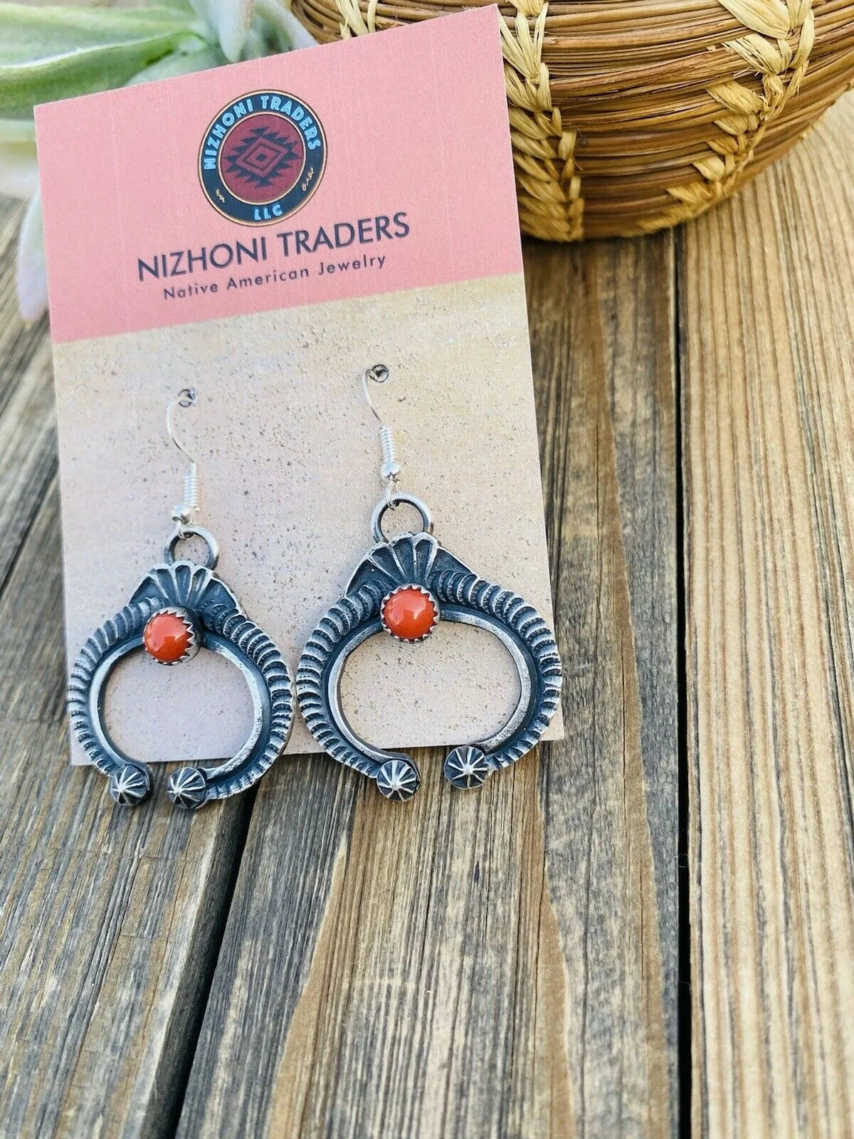 Navajo Coral & Sterling Silver Naja Cross Dangle Earrings By Kevin Billah