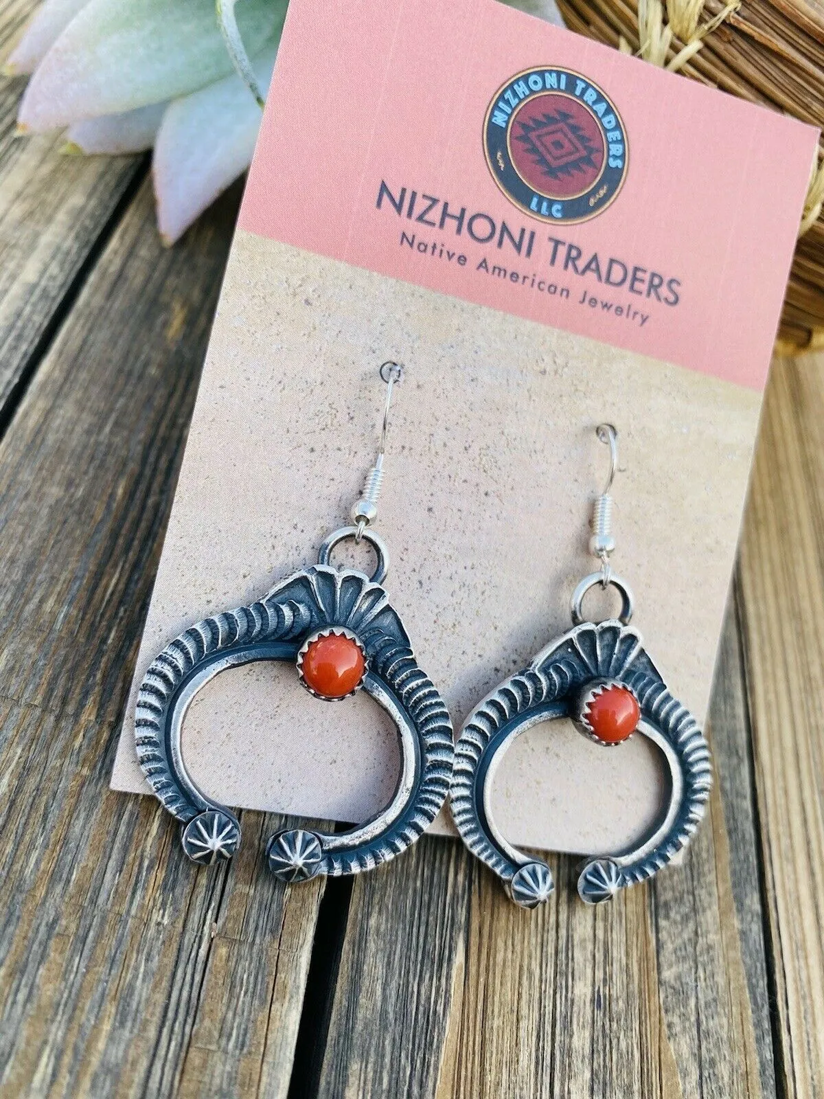 Navajo Coral & Sterling Silver Naja Cross Dangle Earrings By Kevin Billah