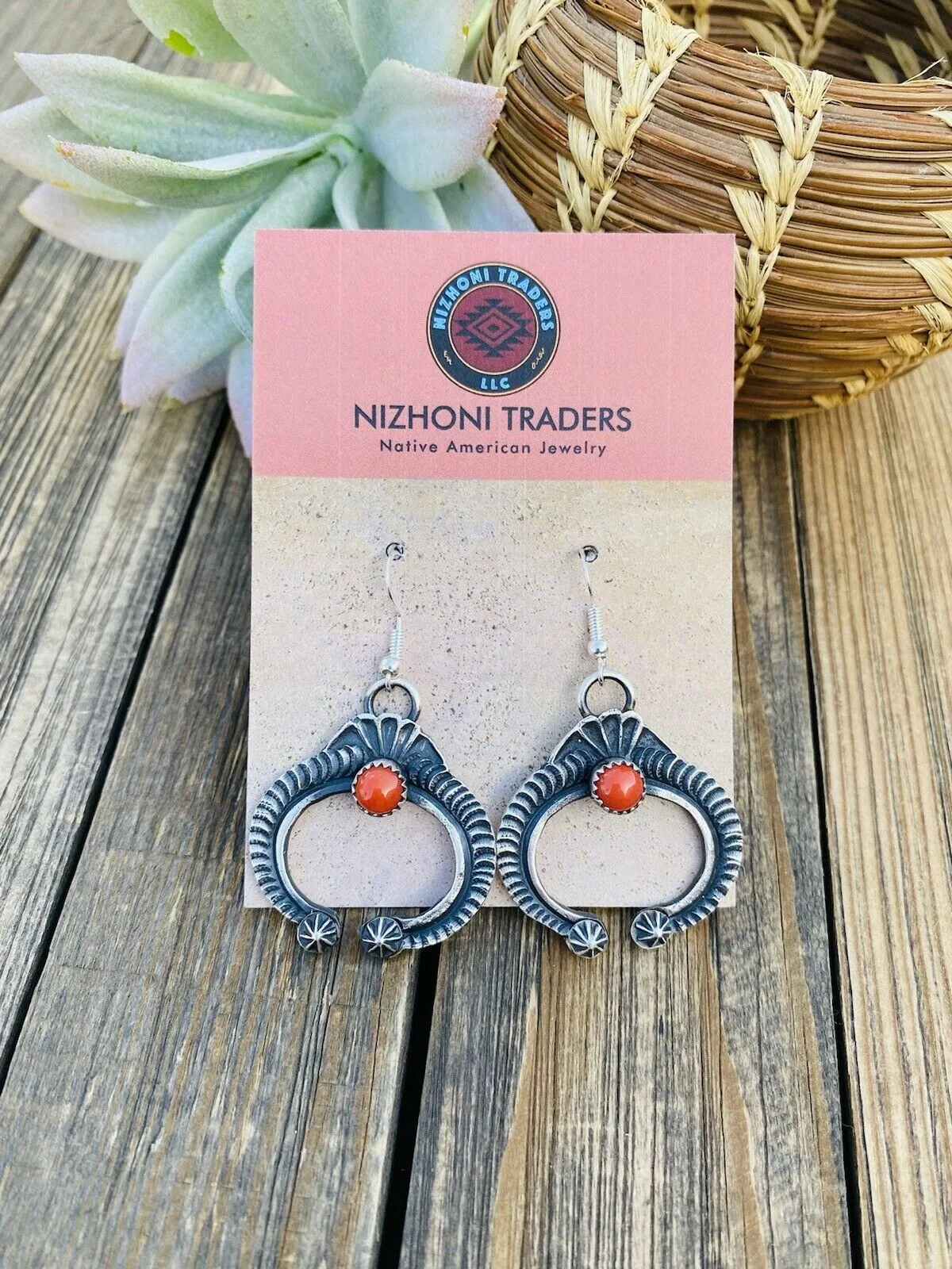 Navajo Coral & Sterling Silver Naja Cross Dangle Earrings By Kevin Billah