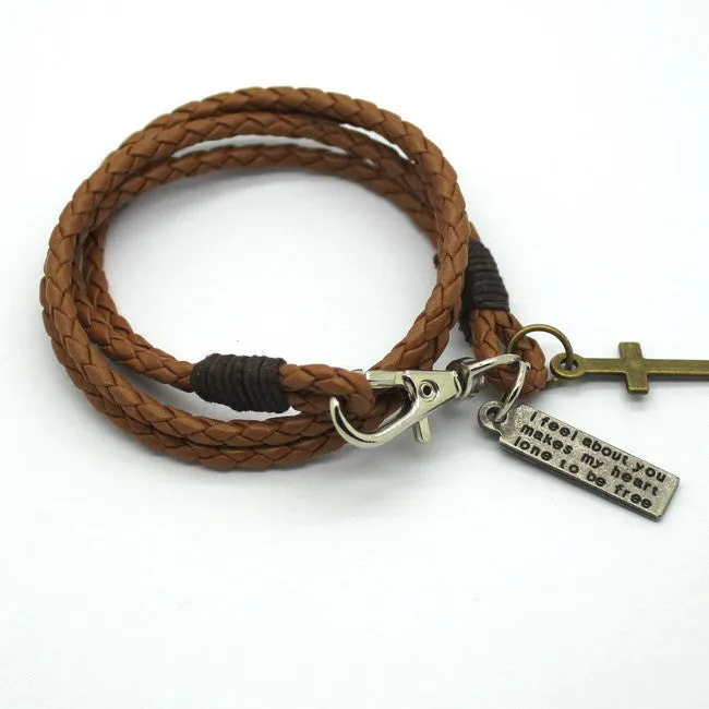 New Fashion Bandage Buckle key Pattern Leather Bracelet popular brown Cross Bracelet for man