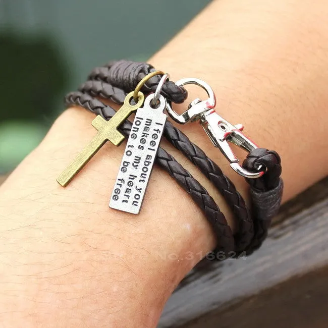 New Fashion Bandage Buckle key Pattern Leather Bracelet popular brown Cross Bracelet for man