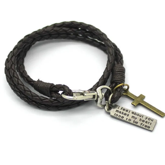 New Fashion Bandage Buckle key Pattern Leather Bracelet popular brown Cross Bracelet for man