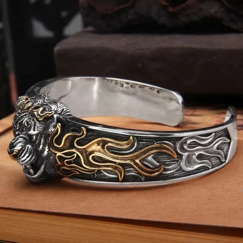 New Fashion Vintage Silver Plated Tiger Bracelet Men\\'s Open Bangles Domineering Street Rider Rock Party Jewelry Gift