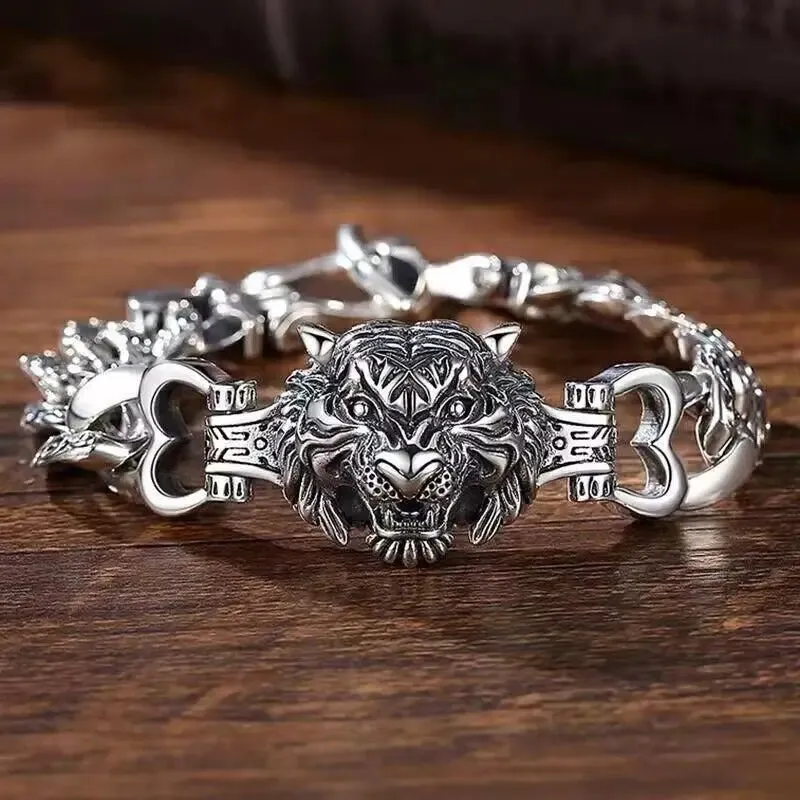 New Fashion Vintage Silver Plated Tiger Bracelet Men\\'s Open Bangles Domineering Street Rider Rock Party Jewelry Gift