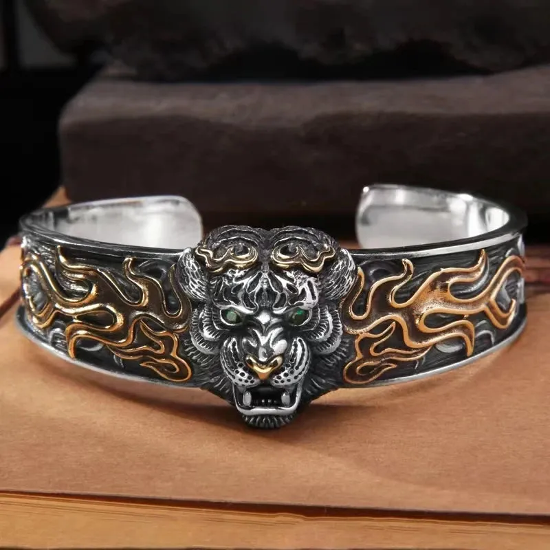 New Fashion Vintage Silver Plated Tiger Bracelet Men\\'s Open Bangles Domineering Street Rider Rock Party Jewelry Gift