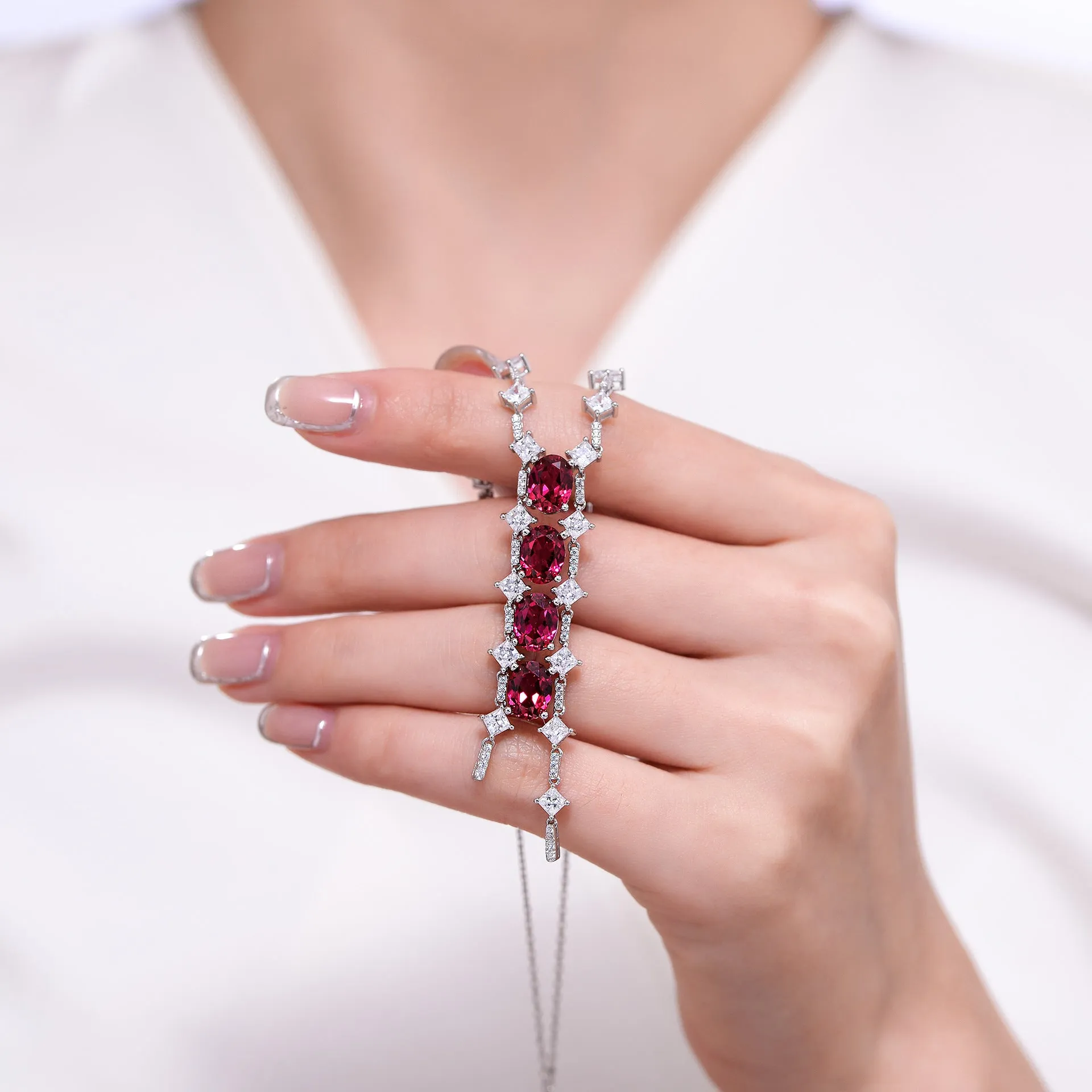 Oval Lab Created Ruby Beading Tassle Silver Necklace