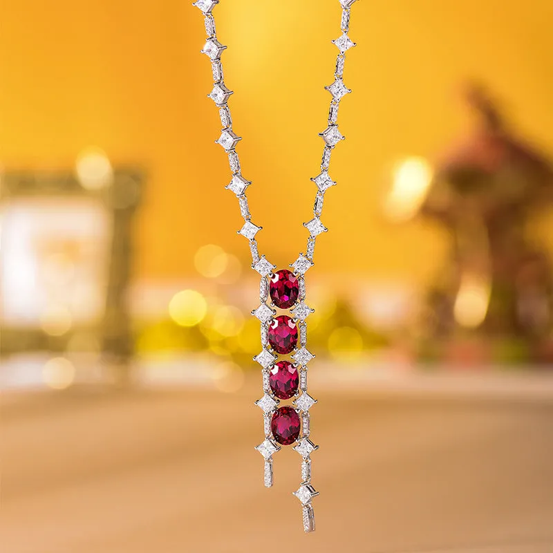 Oval Lab Created Ruby Beading Tassle Silver Necklace